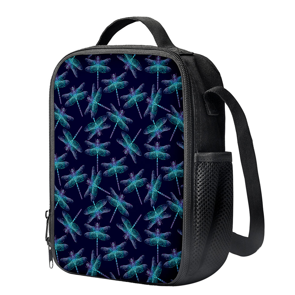 Teal And Purple Dragonfly Pattern Print Crossbody Lunch Bag