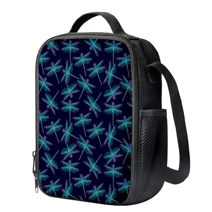 Teal And Purple Dragonfly Pattern Print Crossbody Lunch Bag