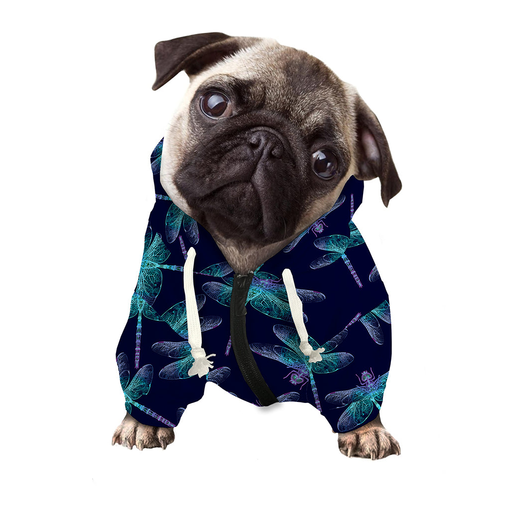 Teal And Purple Dragonfly Pattern Print Dog Zip Up Hoodie