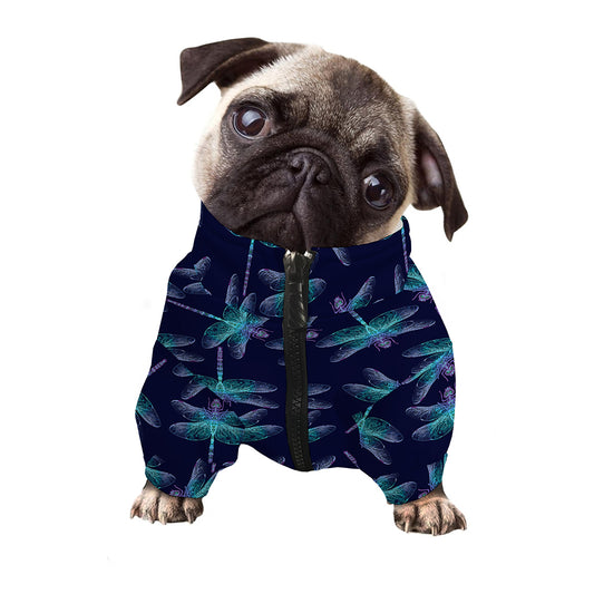 Teal And Purple Dragonfly Pattern Print Dog Zip Up Jacket