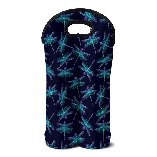 Teal And Purple Dragonfly Pattern Print Double Neoprene Wine Tote