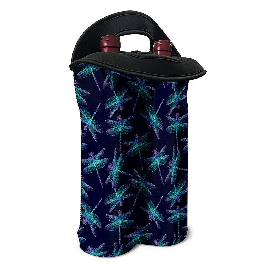 Teal And Purple Dragonfly Pattern Print Double Neoprene Wine Tote