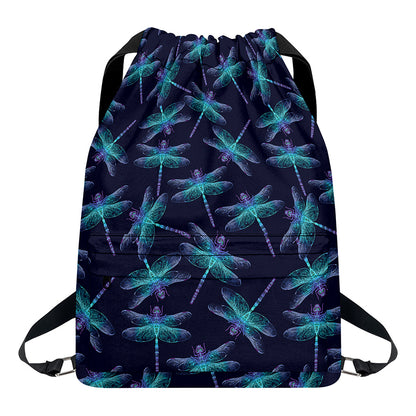 Teal And Purple Dragonfly Pattern Print Drawstring Backpack