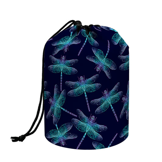 Teal And Purple Dragonfly Pattern Print Drawstring Makeup Bag