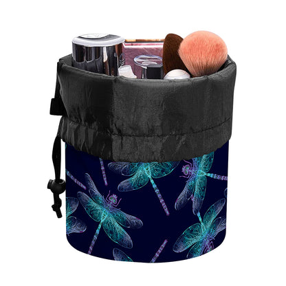Teal And Purple Dragonfly Pattern Print Drawstring Makeup Bag