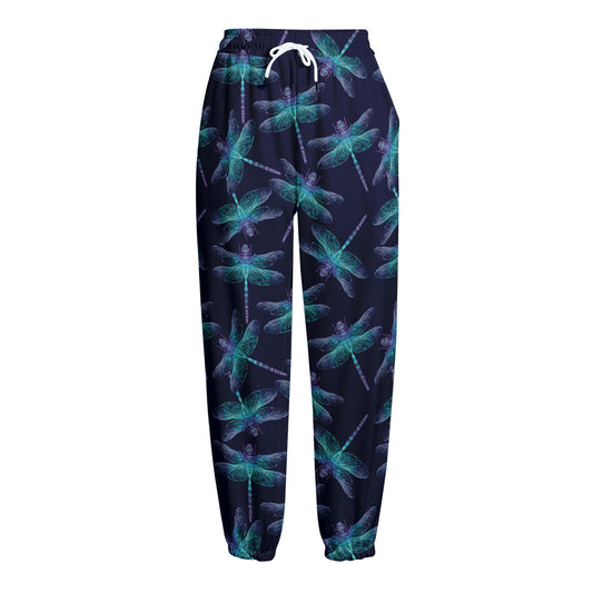Teal And Purple Dragonfly Pattern Print Fleece Lined Knit Pants