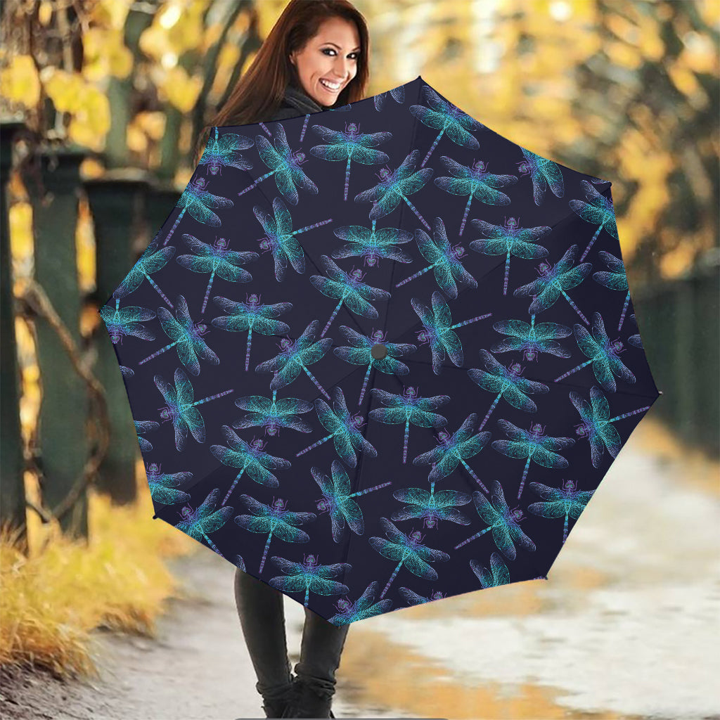 Teal And Purple Dragonfly Pattern Print Foldable Umbrella