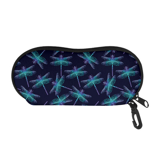 Teal And Purple Dragonfly Pattern Print Glasses Case