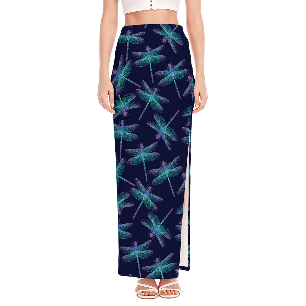 Teal And Purple Dragonfly Pattern Print High Slit Maxi Skirt