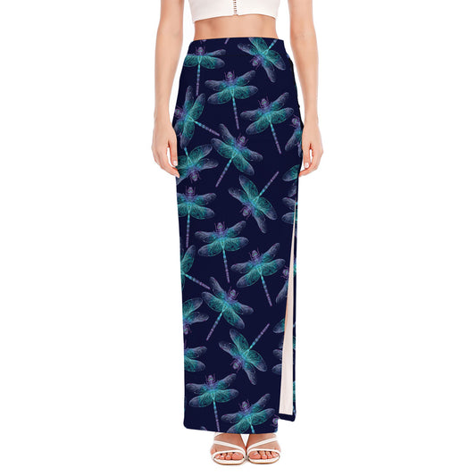 Teal And Purple Dragonfly Pattern Print High Slit Maxi Skirt
