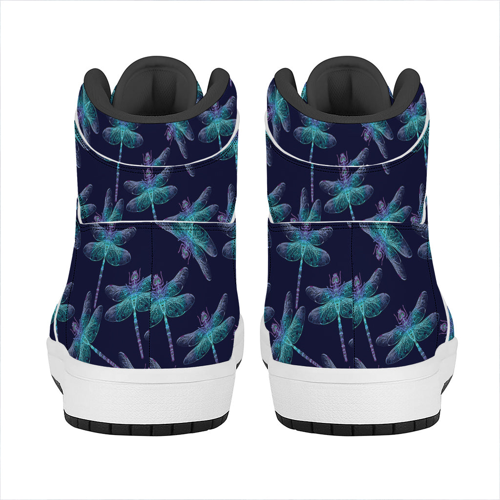 Teal And Purple Dragonfly Pattern Print High Top Leather Sneakers