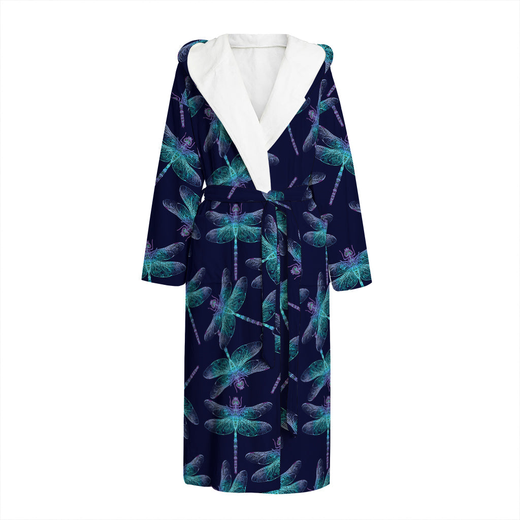 Teal And Purple Dragonfly Pattern Print Hooded Bathrobe