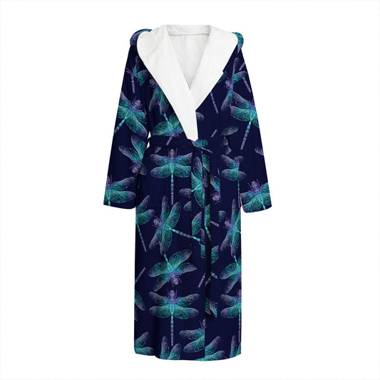 Teal And Purple Dragonfly Pattern Print Hooded Bathrobe