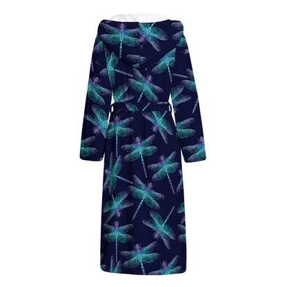 Teal And Purple Dragonfly Pattern Print Hooded Bathrobe