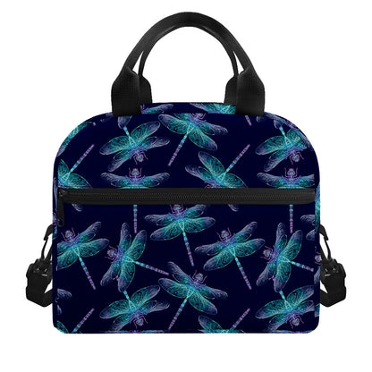 Teal And Purple Dragonfly Pattern Print Insulated Lunch Bag