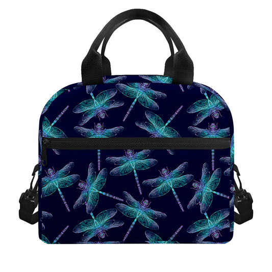 Teal And Purple Dragonfly Pattern Print Insulated Lunch Bag