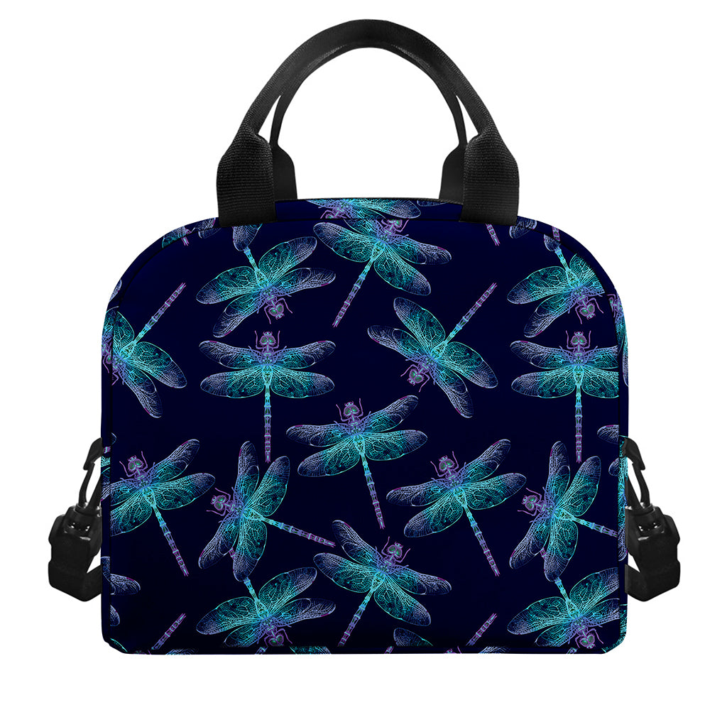 Teal And Purple Dragonfly Pattern Print Insulated Lunch Bag