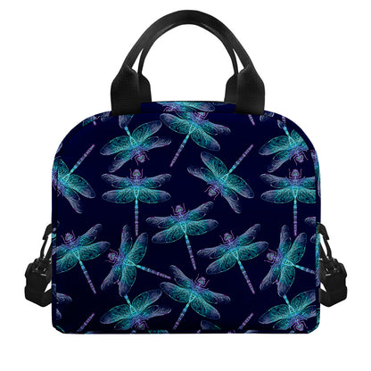 Teal And Purple Dragonfly Pattern Print Insulated Lunch Bag