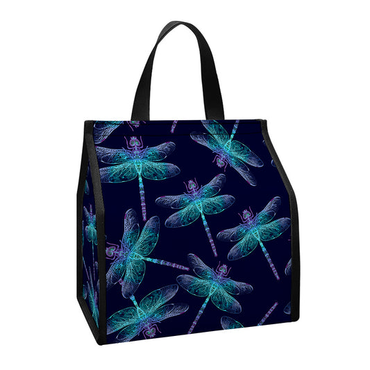 Teal And Purple Dragonfly Pattern Print Insulated Lunch Tote
