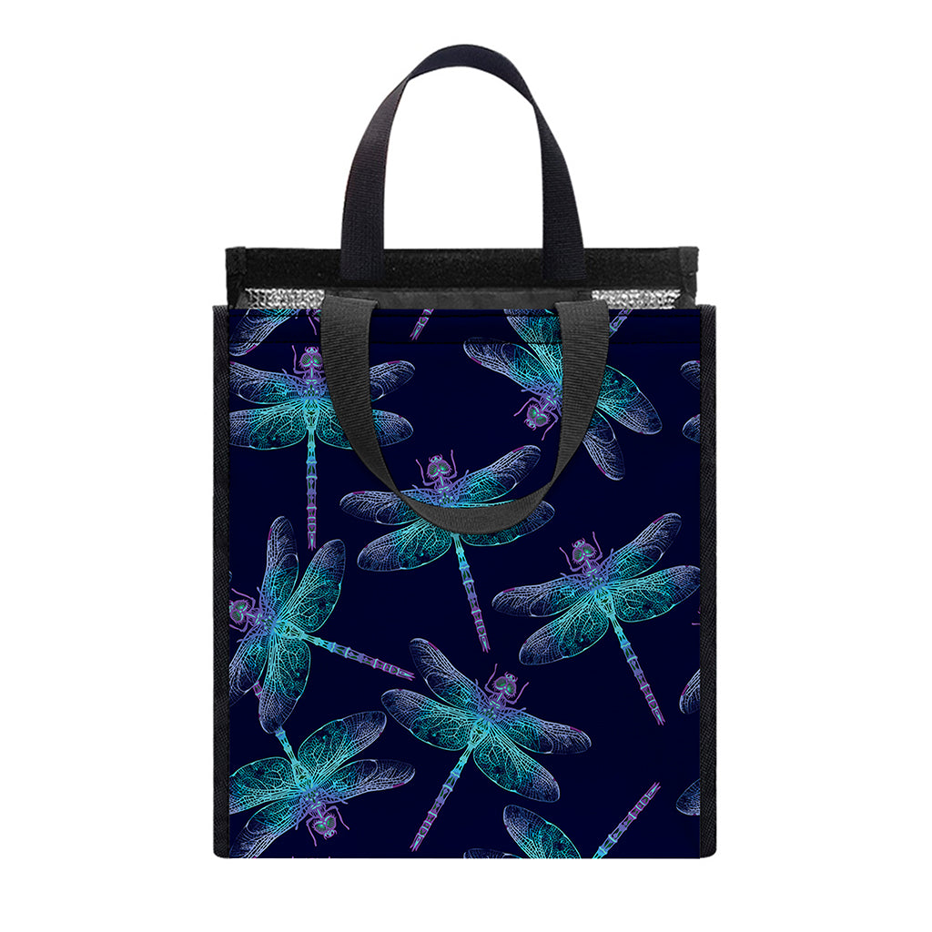 Teal And Purple Dragonfly Pattern Print Insulated Lunch Tote