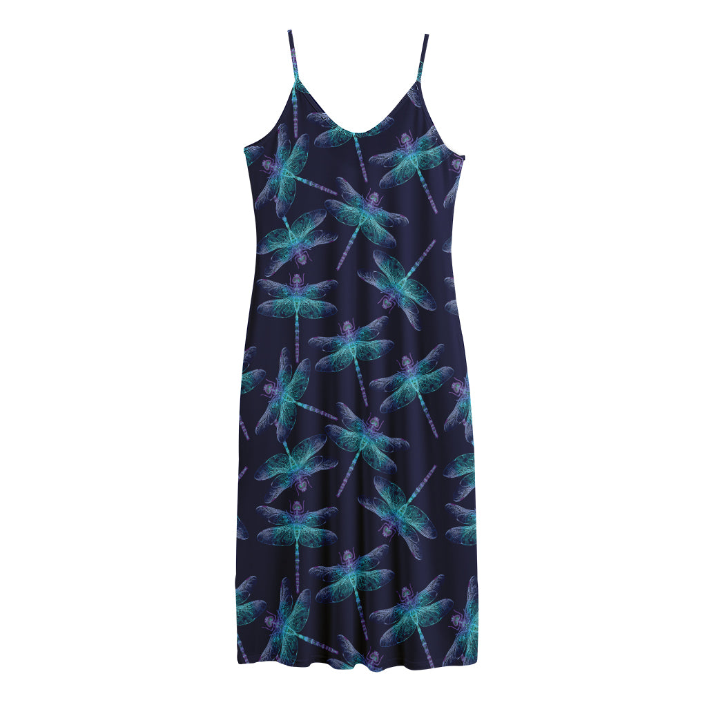 Teal And Purple Dragonfly Pattern Print Jersey Midi Cami Dress