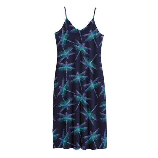 Teal And Purple Dragonfly Pattern Print Jersey Midi Cami Dress