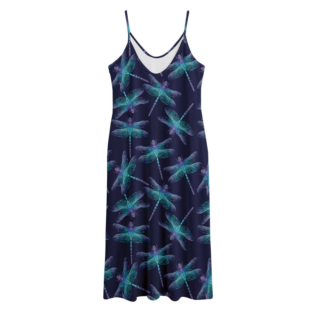 Teal And Purple Dragonfly Pattern Print Jersey Midi Cami Dress