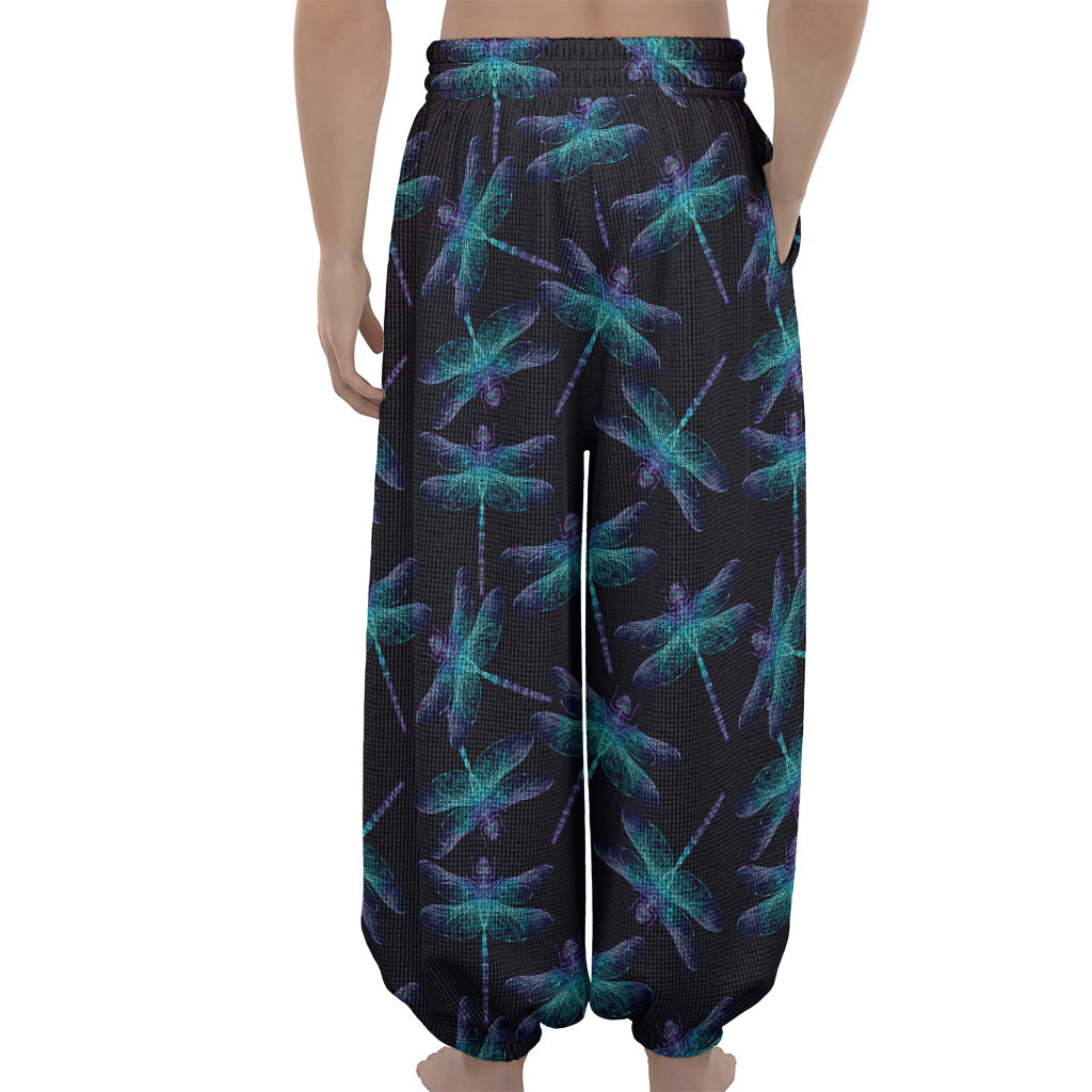 Teal And Purple Dragonfly Pattern Print Lantern Pants