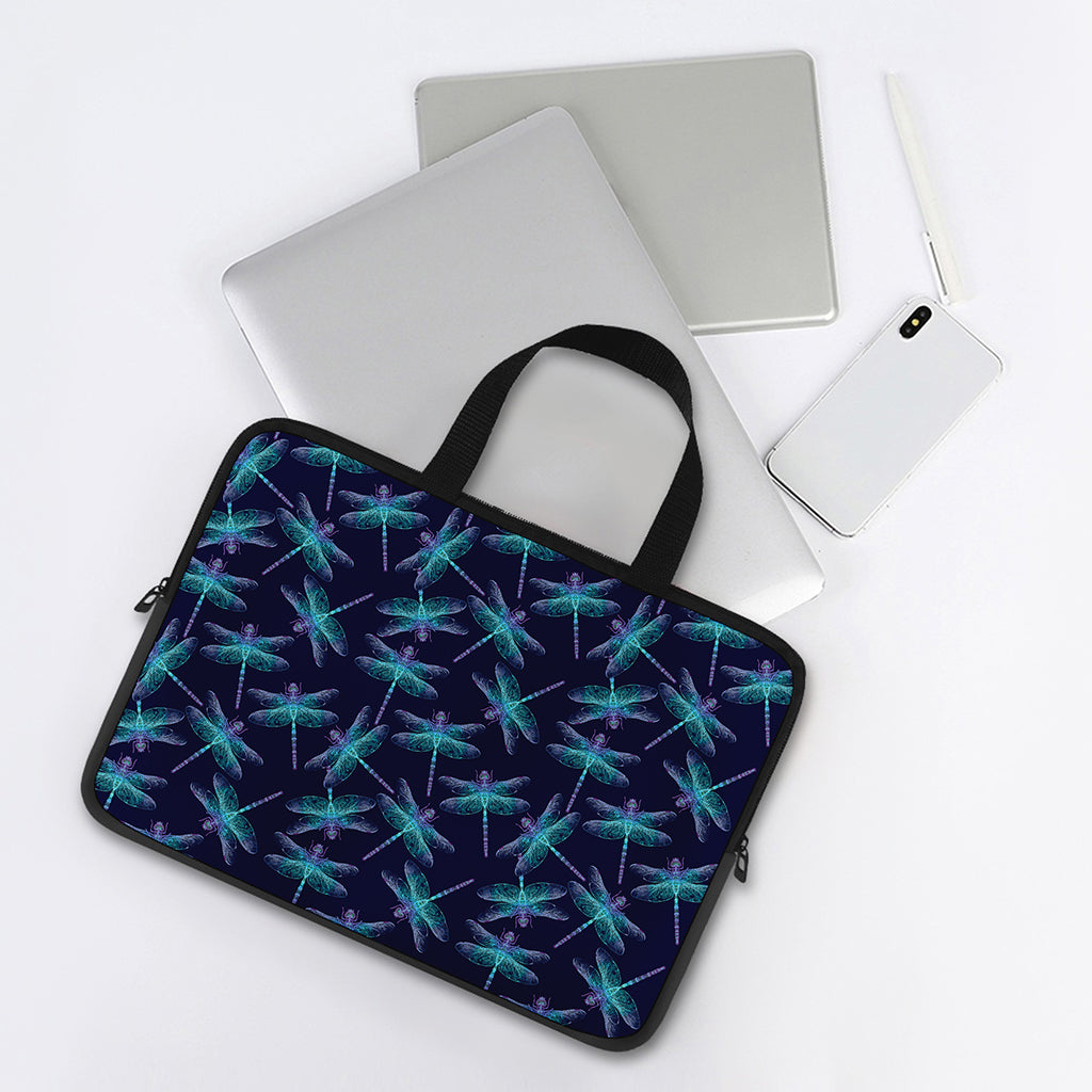 Teal And Purple Dragonfly Pattern Print Laptop Sleeve With Handle