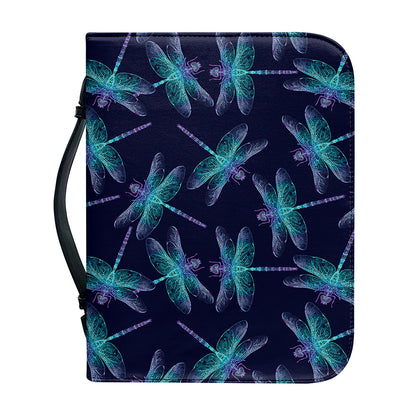 Teal And Purple Dragonfly Pattern Print Leather Bible Cover