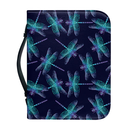 Teal And Purple Dragonfly Pattern Print Leather Bible Cover