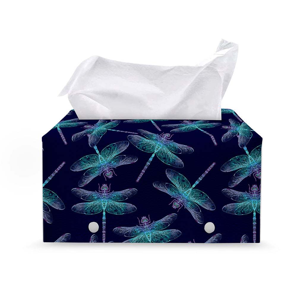 Teal And Purple Dragonfly Pattern Print Leather Tissue Box Cover