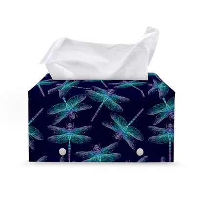 Teal And Purple Dragonfly Pattern Print Leather Tissue Box Cover