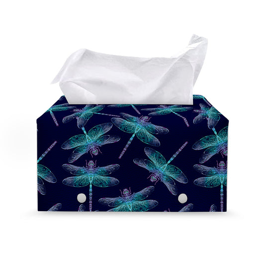 Teal And Purple Dragonfly Pattern Print Leather Tissue Box Cover
