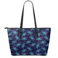 Teal And Purple Dragonfly Pattern Print Leather Tote Bag With Zipper