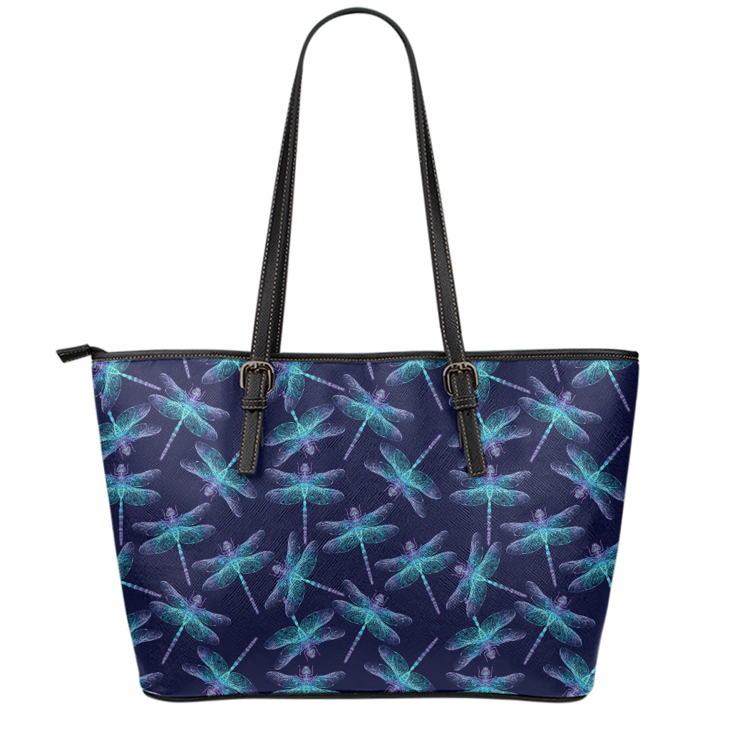 Teal And Purple Dragonfly Pattern Print Leather Tote Bag