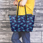 Teal And Purple Dragonfly Pattern Print Leather Tote Bag