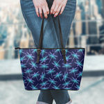 Teal And Purple Dragonfly Pattern Print Leather Tote Bag