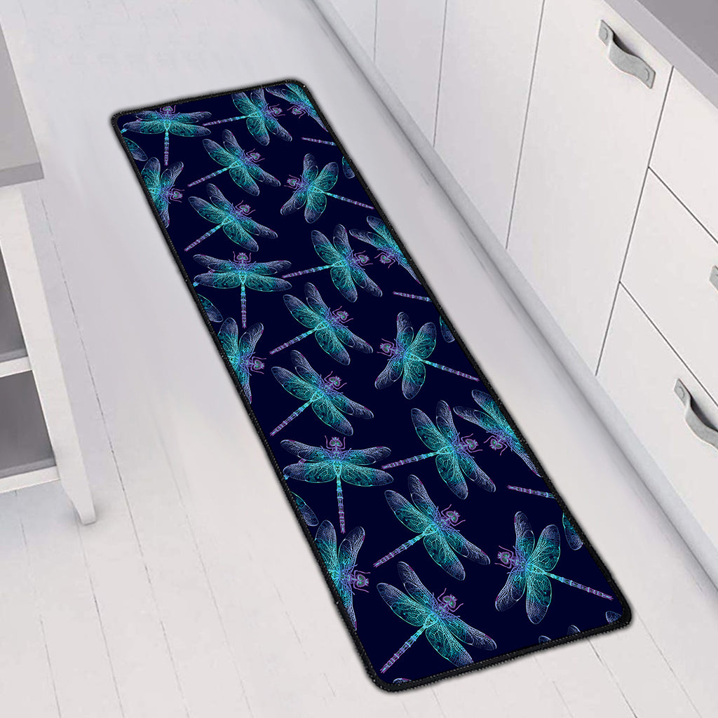 Teal And Purple Dragonfly Pattern Print Long Kitchen Mat