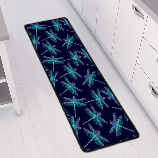 Teal And Purple Dragonfly Pattern Print Long Kitchen Mat