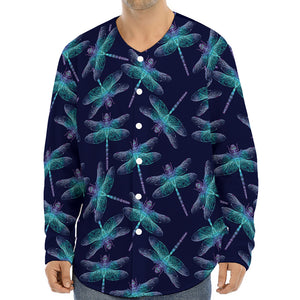 Teal And Purple Dragonfly Pattern Print Long Sleeve Baseball Jersey