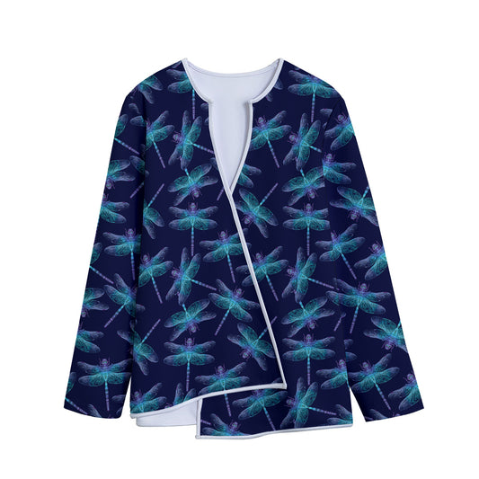 Teal And Purple Dragonfly Pattern Print Long Sleeve Short Coat