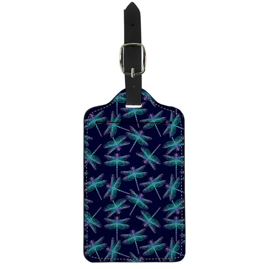 Teal And Purple Dragonfly Pattern Print Luggage Tag