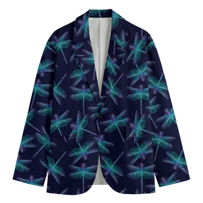 Teal And Purple Dragonfly Pattern Print Men's Blazer