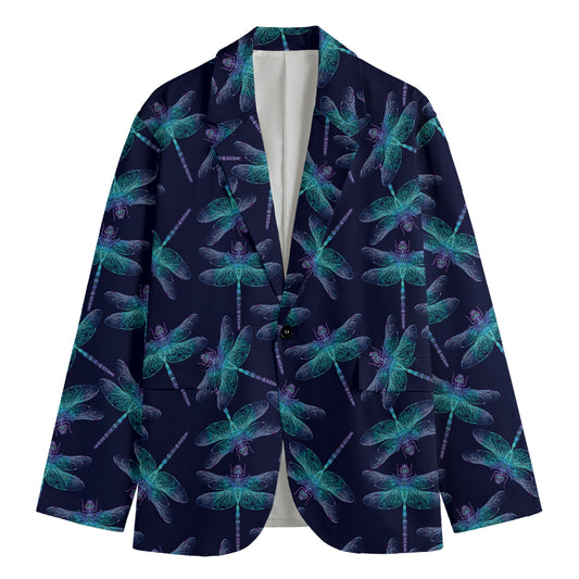 Teal And Purple Dragonfly Pattern Print Men's Cotton Blazer