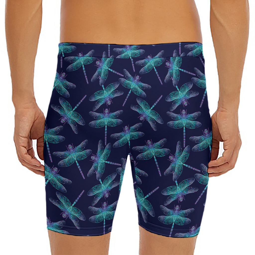 Teal And Purple Dragonfly Pattern Print Men's Long Boxer Briefs