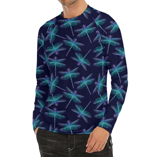 Teal And Purple Dragonfly Pattern Print Men's Long Sleeve Rash Guard
