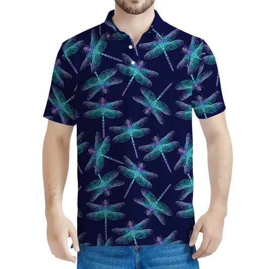 Teal And Purple Dragonfly Pattern Print Men's Polo Shirt