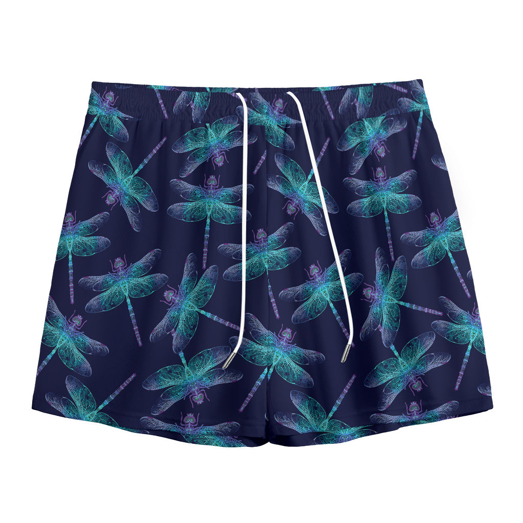 Teal And Purple Dragonfly Pattern Print Mesh Shorts