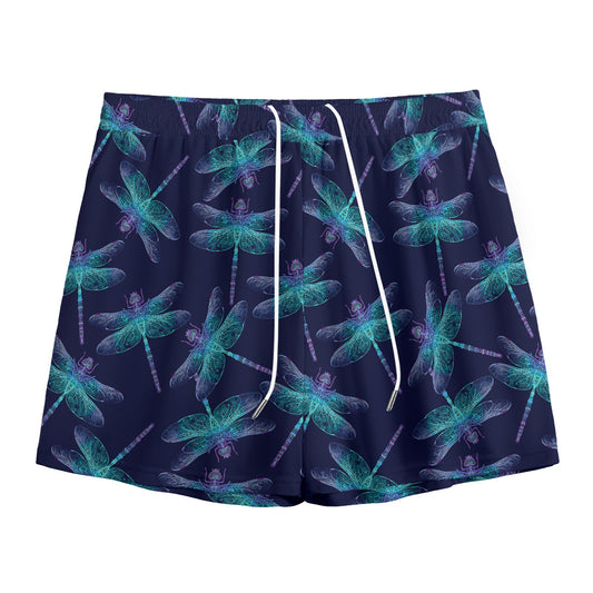 Teal And Purple Dragonfly Pattern Print Mesh Shorts